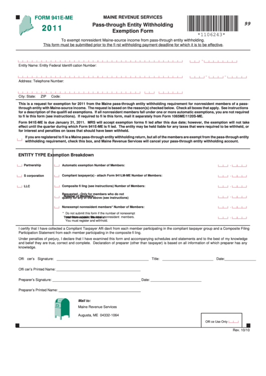Form 941e-Me - Pass-Through Entity Withholding Exemption Form - 2011 Printable pdf