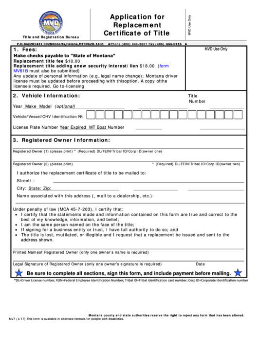 Form Mv7 - Application For Replacement Certificate Of Title - Montana Department Of Justice
