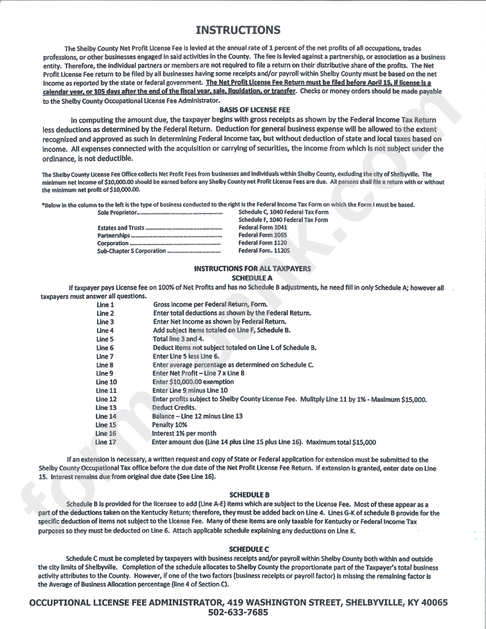 Instructions For Shelby County Net Profit License Fee Return Form
