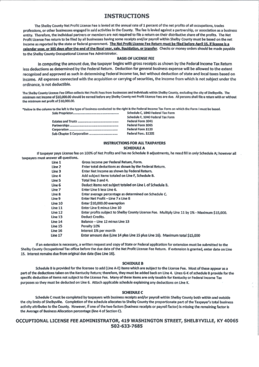 Instructions For Shelby County Net Profit License Fee Return Form Printable pdf