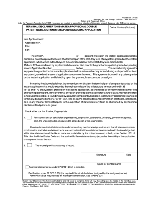 Form Pto/sb/25 - Terminal Disclaimer To Obviate A Provisional Double Patenting Rejection Over A Pending Second Application - U.s. Department Of Commerce Printable pdf