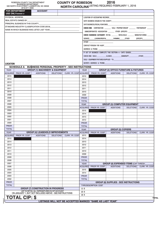 Fillable Business Listing Form - Robeson County Tax Department - 2016 Printable pdf