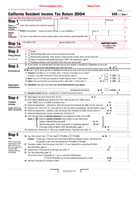 Fillable Form 540 C1 - California Resident Income Tax Return - 2004 Printable pdf