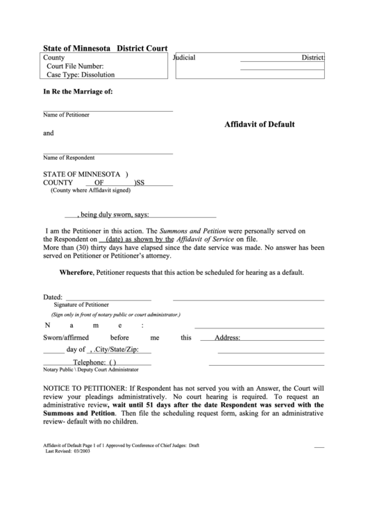 Affidavit Of Default - Minnesota Printable pdf