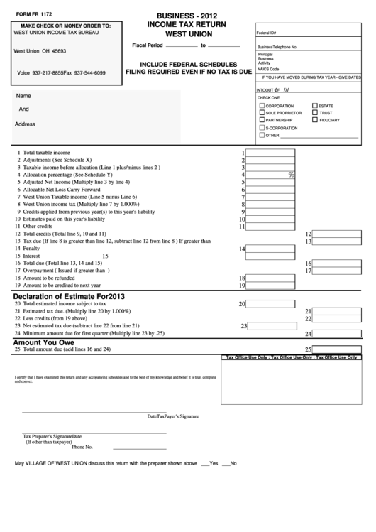 Form Fr 1172 - Business Income Tax Return - West Union - 2012 Printable pdf