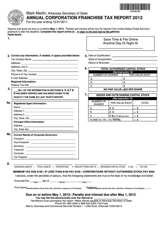 Annual Corporation Franchise Tax Report - Arkansas Secretary Of State - 2012 Printable pdf