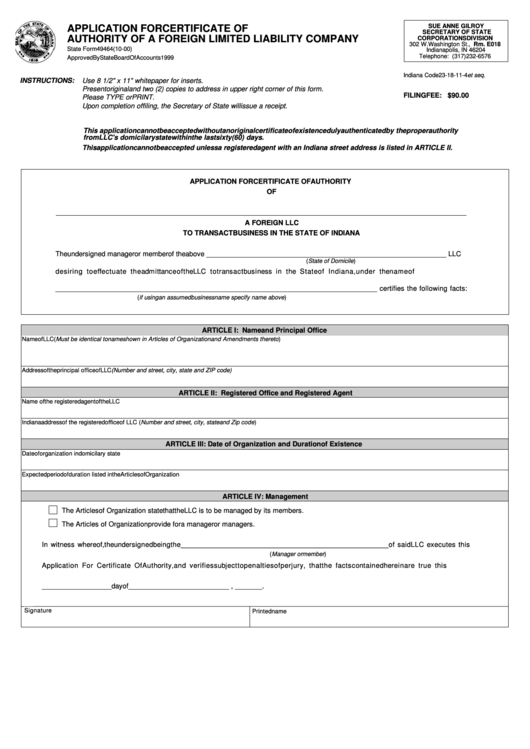 Fillable State Form 49464 - Application For Certificate Of Authority Of A Foreign Limited Liability Company Printable pdf