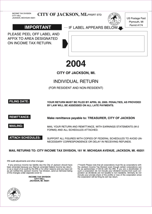 Individual Return (For Resident And Non-Resident) - City Of Jackson - 2004 Printable pdf