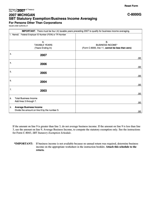 Fillable Form C-8000g - Michigan Sbt Statutory Exemption/business Income Averaging For Persons Other Than Corporations - 2007 Printable pdf