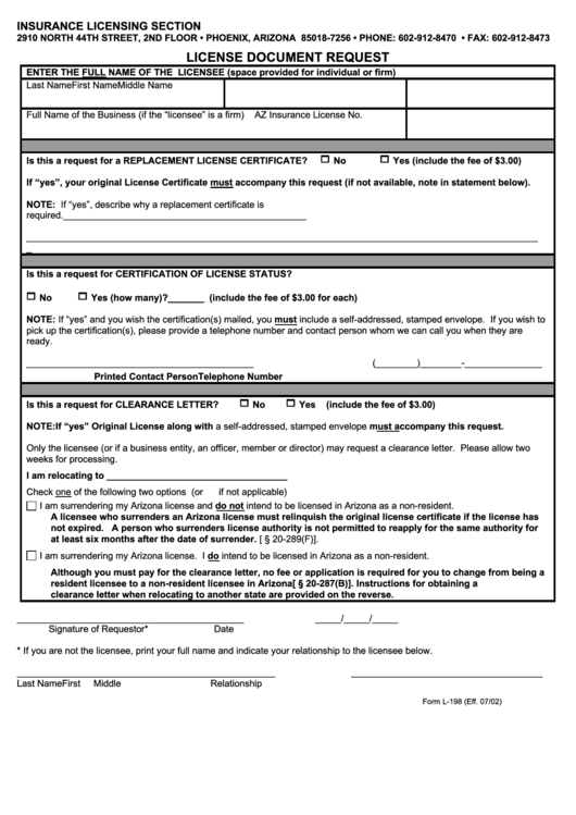 Fillable Form L-198 - License Document Request - 2002 Printable pdf