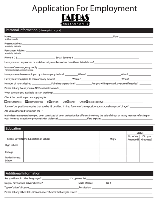 Application For Employment - Restaurant New Hire Form