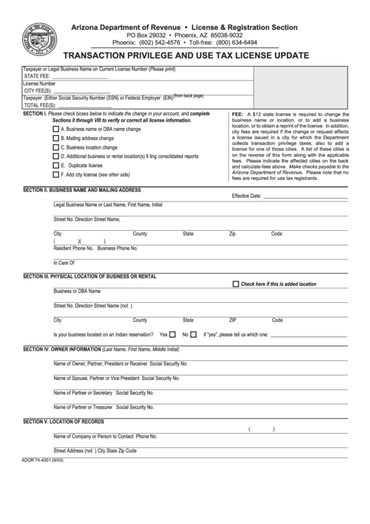 Form Ador 74-4001 - Transaction Privilege And Use Tax License Update - Arizona Department Of Revenue Printable pdf