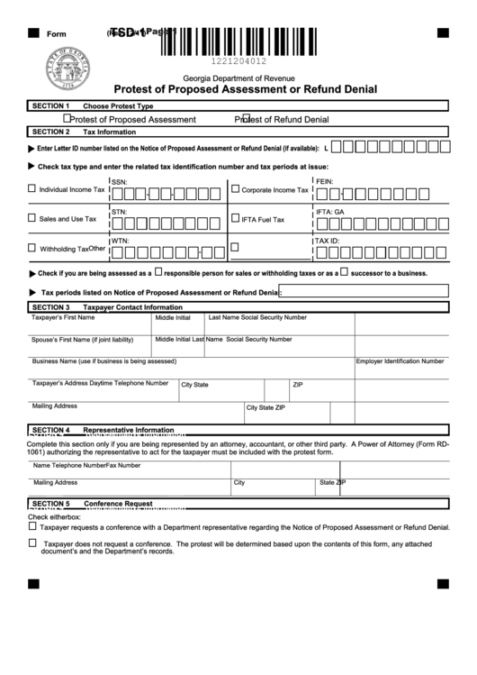Fillable Form Tsd-1 - Protest Of Proposed Assessment Or Refund Denial - Georgia Department Of Revenue Printable pdf
