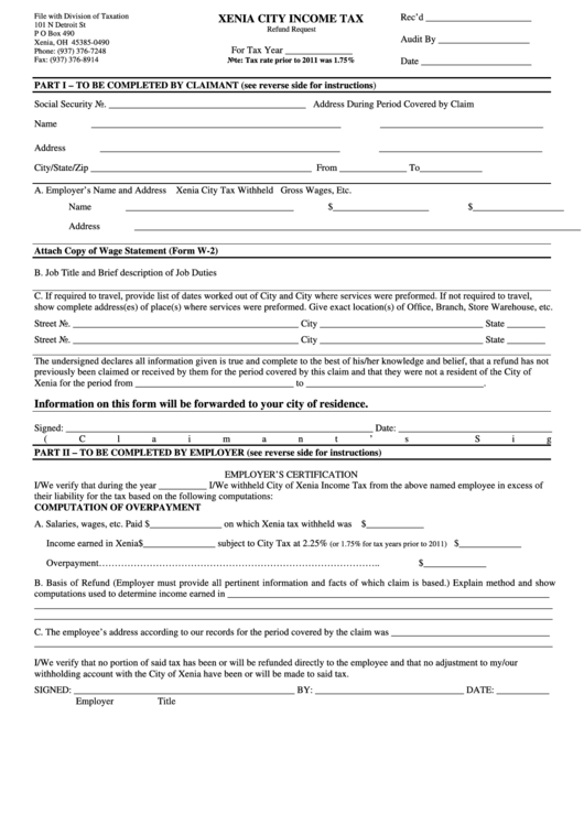 Fillable Refund Request - Xenia City Income Tax - 2011 Printable pdf