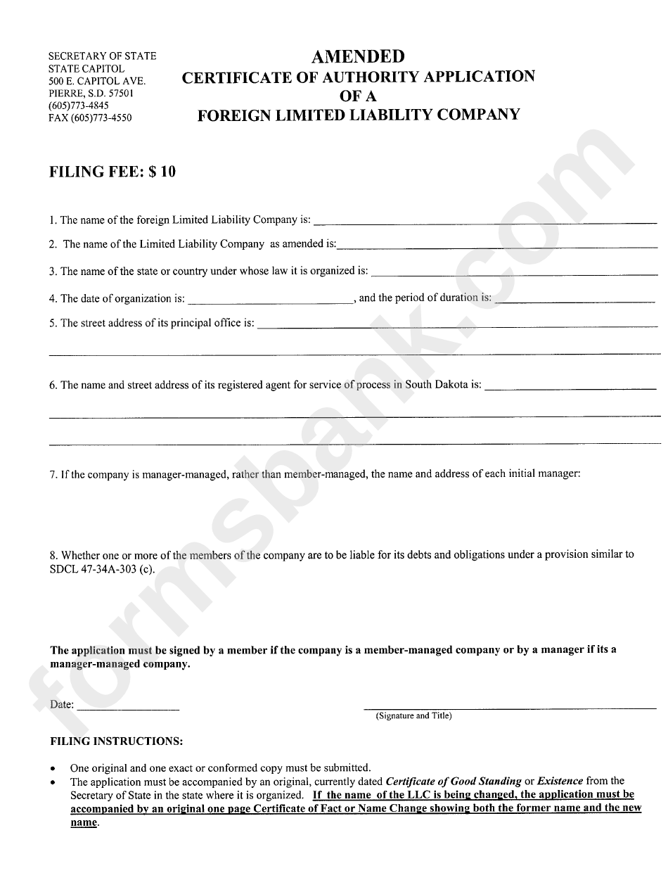 Amended Certificate Of Authority Application Of A Foreign Limited Liability Company - Secretary Of State