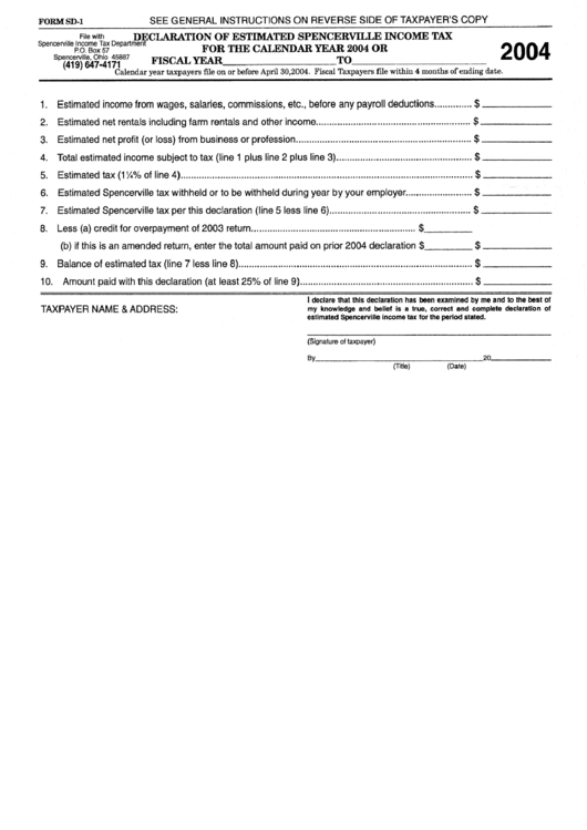 Form Sd-1 - Declaration Of Estimated Spencerville Income Tax - Spencerville Income Tax Dept. - 2004 Printable pdf