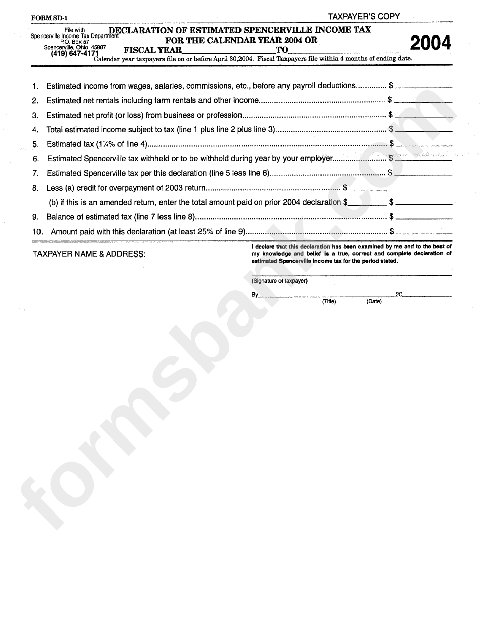 Form Sd-1 - Declaration Of Estimated Spencerville Income Tax - Spencerville Income Tax Dept. - 2004