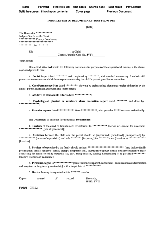 Form Ch172 - Form Letter Of Recommendations From Dhs Printable pdf
