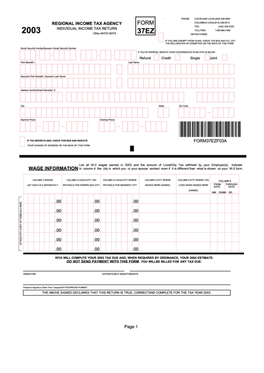 Form 37ez - Individual Income Tax Return - Ohio Regional Income Tax Agency - 2003 Printable pdf
