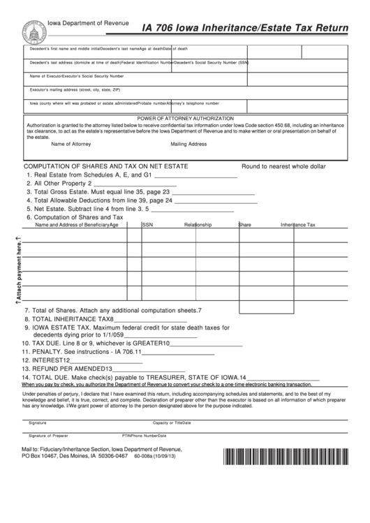 Form Ia 706 - Iowa Inheritance/estate Tax Return - 2013 Printable pdf