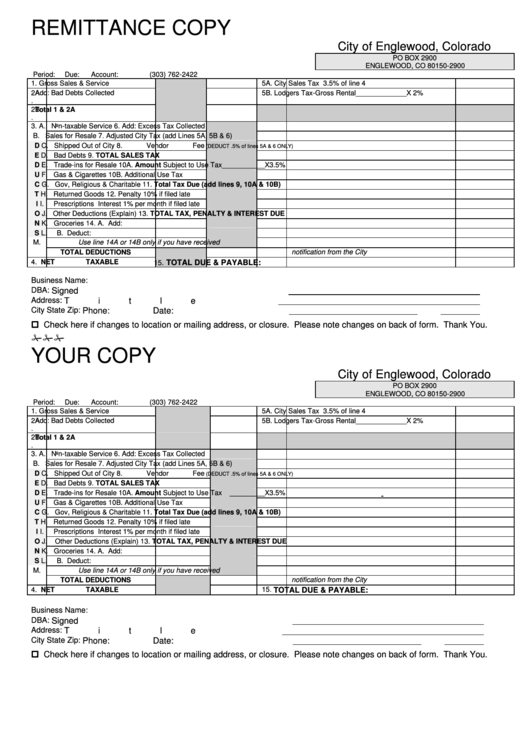 Sales And Use Tax Return Form - City Of Englewood, Colorado Printable pdf
