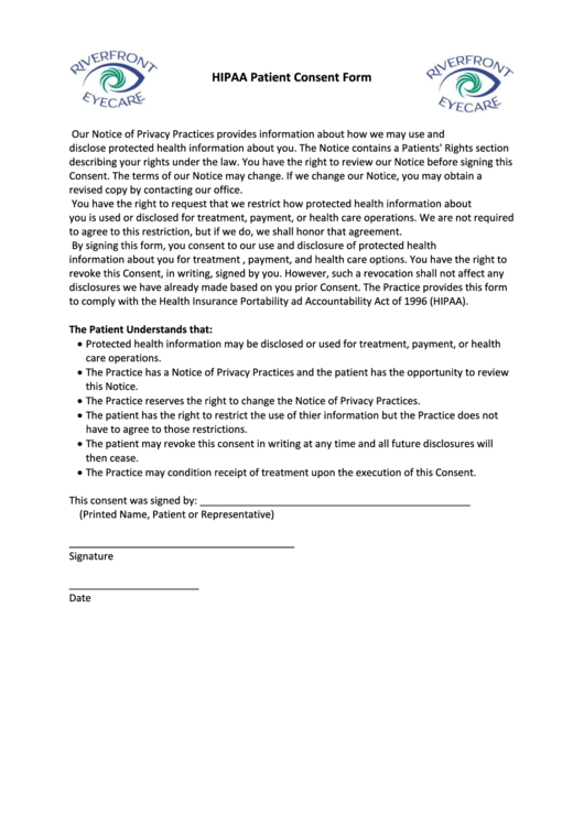 Hipaa Patient Consent Form Printable pdf