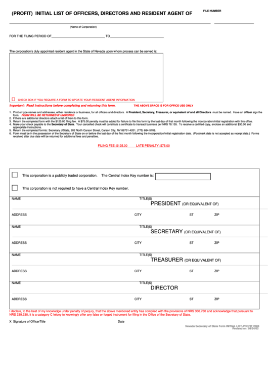 Initial List Of Officers, Directors And Resident Agent (Profit) - Nevada Secretary Of State Printable pdf