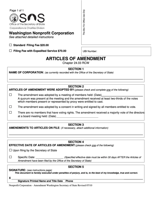 Fillable Articles Of Amendment - Nonprofit Corporation - Washington Secretary Of State Printable pdf