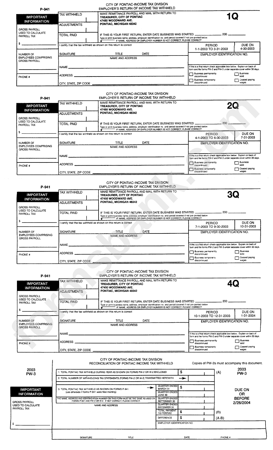 Form P941 City Of Pontiac Employer'S Return Of Tax Withheld