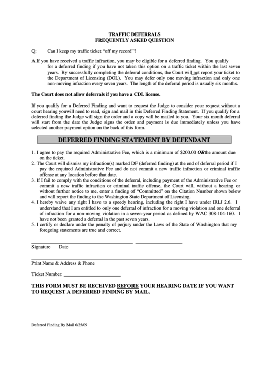 Deferred Finding Statement By Defendant - City Of Milton Municipal Court Printable pdf