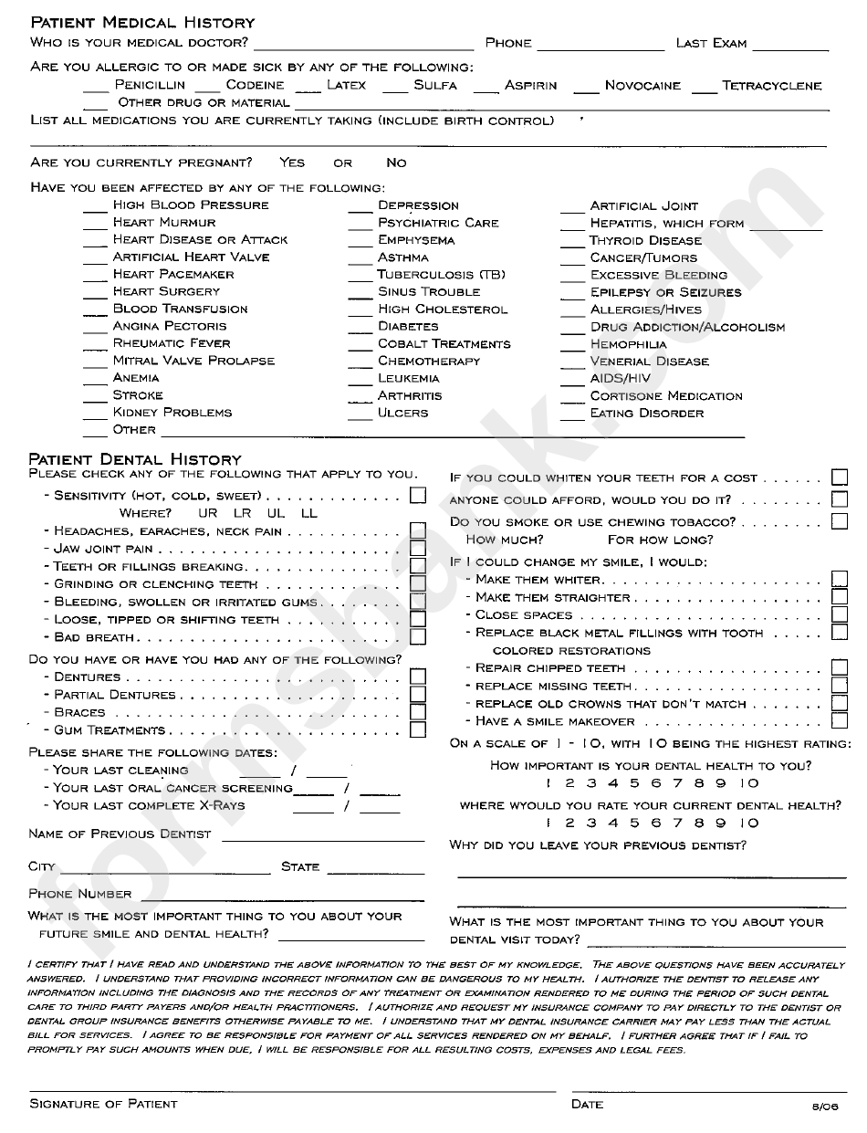 Patient Medical Dental History Printable Pdf Download