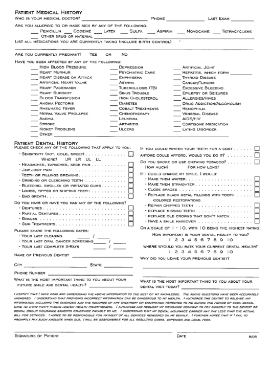 Patient Medical Dental History Printable pdf