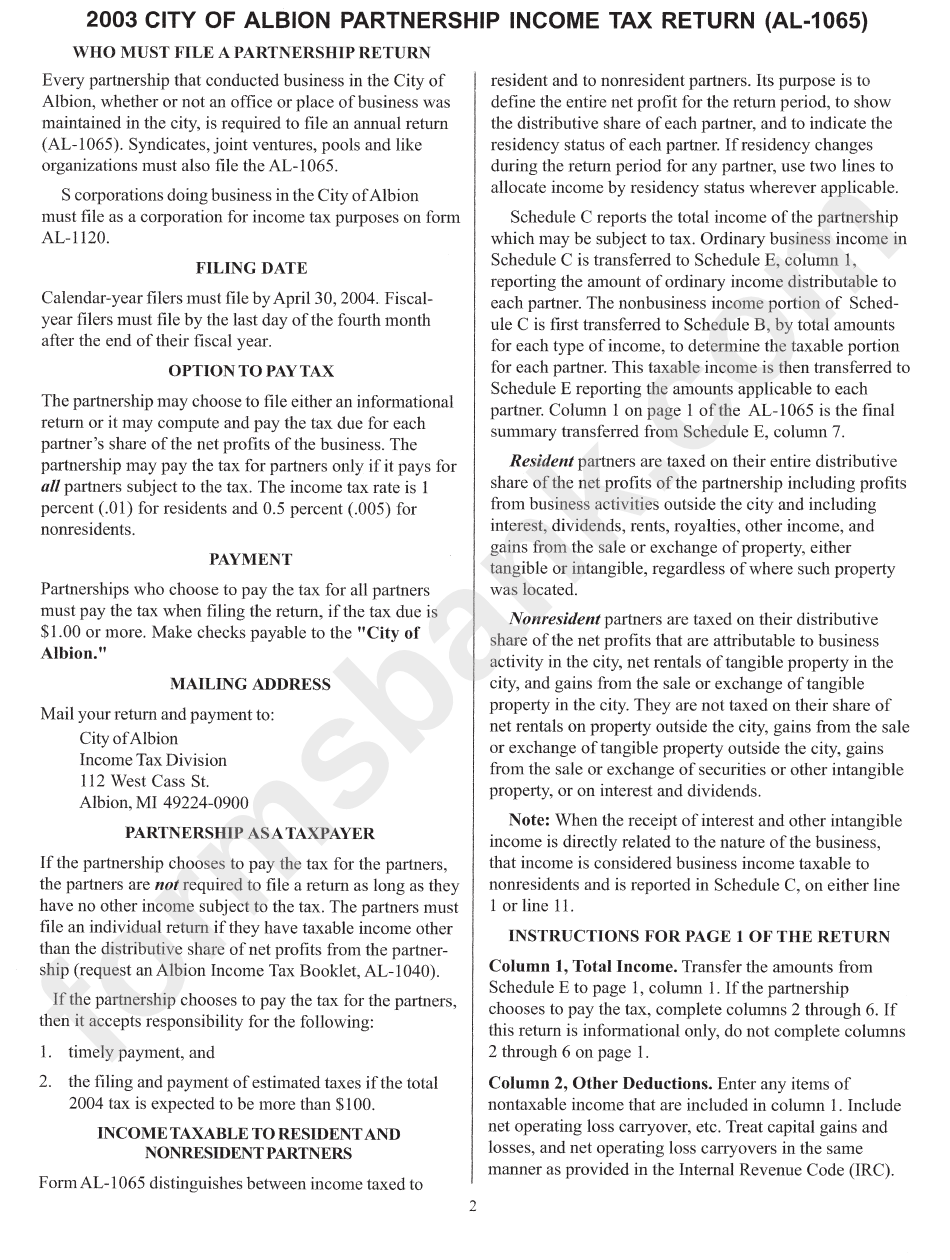 Instructions For Form Al-1065 - City Of Albion Partnership Income Tax Return - 2003