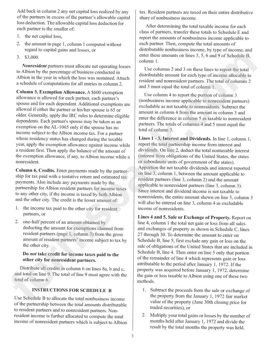 Instructions For Form Al-1065 - City Of Albion Partnership Income Tax Return - 2003