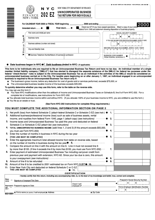 Form Nyc-202 Ez - Unincorporated Business Tax Return For Individuals - 2000 Printable pdf