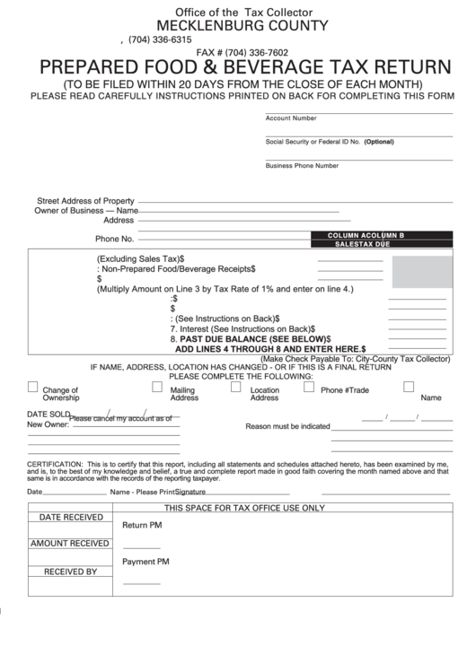 Prepared Food & Beverage Tax Return - Mecklenburg County Office Of The Tax Collector Printable pdf