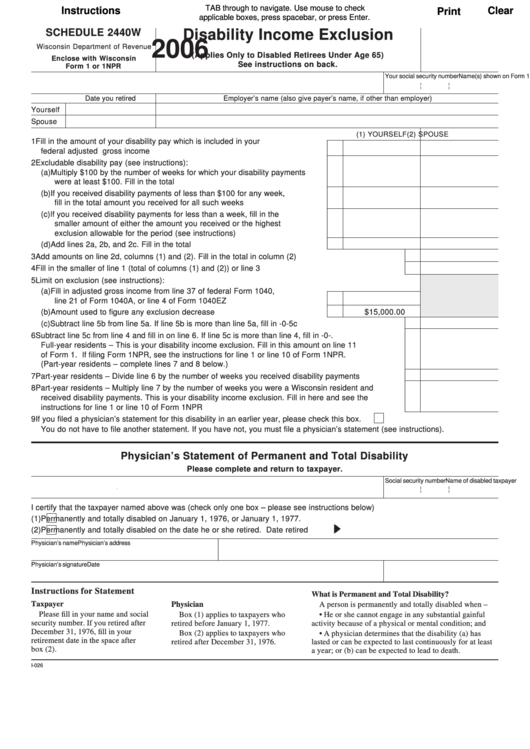 Fillable Form I-026 - Schedule 2440w Disability Income Exclusion - Wisconsin Department Of Revenue - 2006 Printable pdf