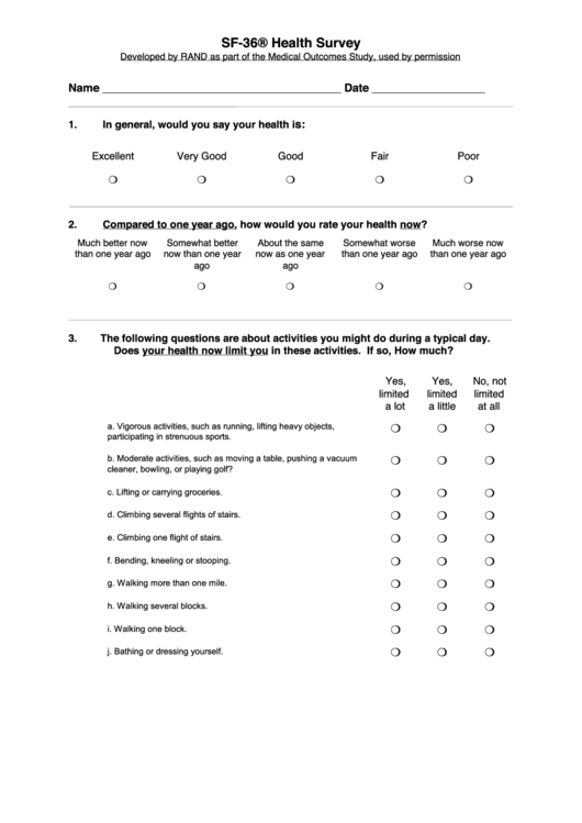 Form Sf-36 - Developed By Rand As Part Of The Medical Outcomes Study - Used By Permission - Health Survey Printable pdf