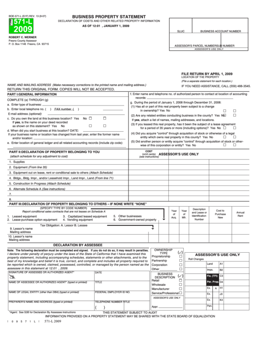 Form Boe-571-L - Business Property Statement - 2009 Printable pdf