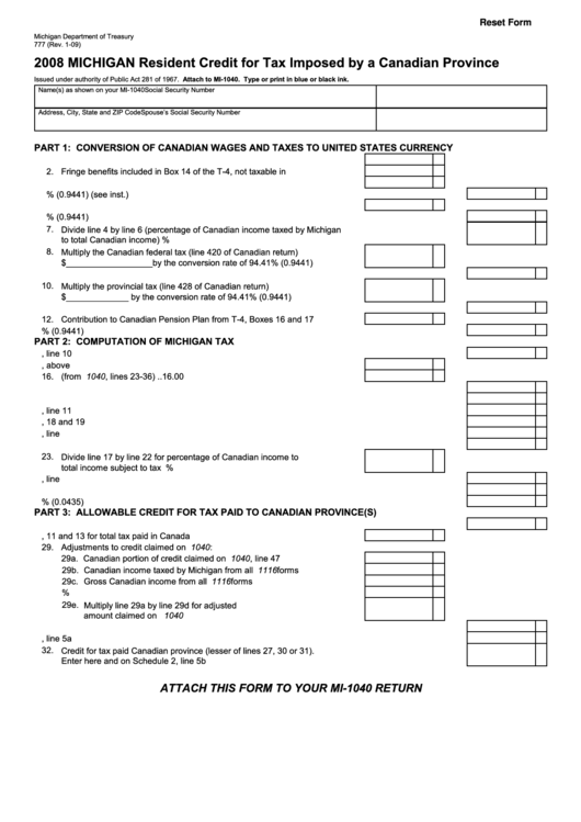 Fillable Form 777 - Michigan Resident Credit For Tax Imposed By A Canadian Province - 2008 Printable pdf