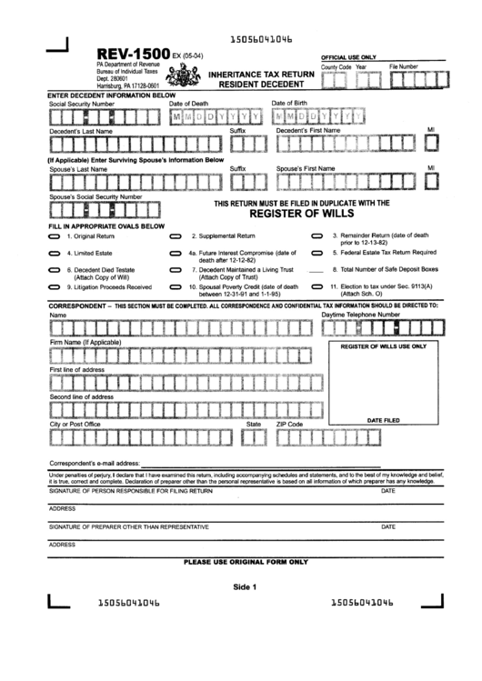 Form Rev-1500 Ex - Inheritance Tax Return Resident Decedent - Pa Dept. Of Revenue Printable pdf