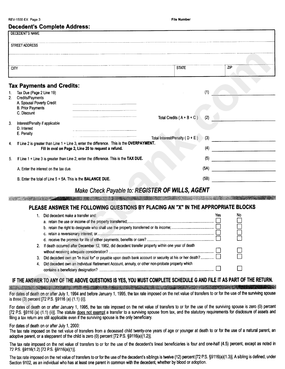 Form Rev-1500 Ex - Inheritance Tax Return Resident Decedent - Pa Dept. Of Revenue