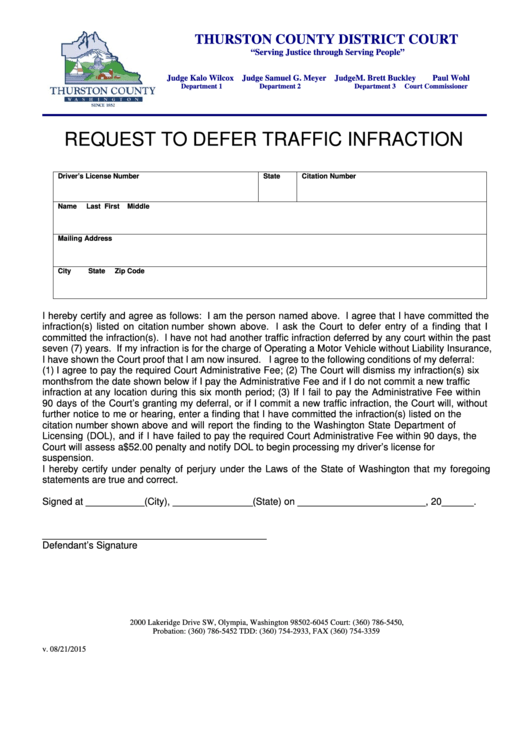 Request To Defer Traffic Infraction - Thurston County District Court