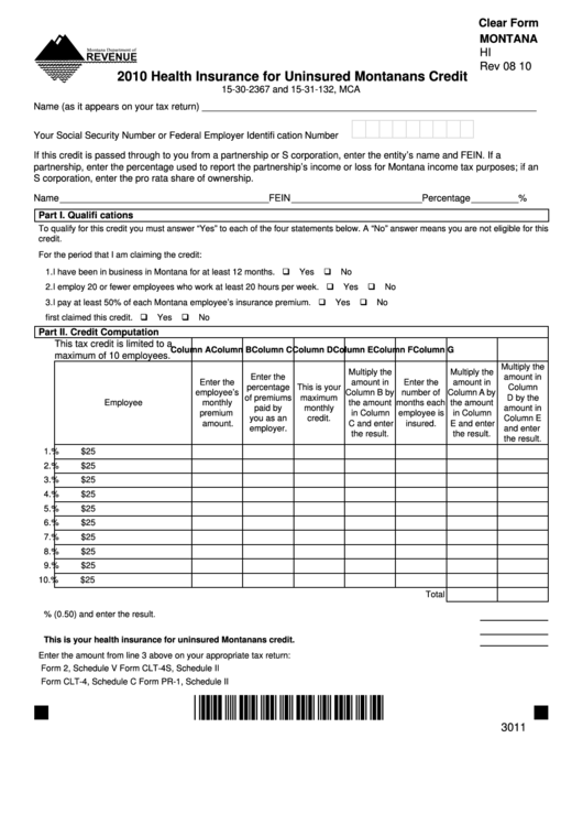 Fillable Form Hi - Health Insurance For Uninsured Montanans Credit - Montana Dept.of Revenue - 2010 Printable pdf