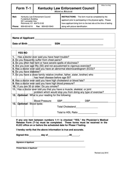 Form T-1 - Kentucky Law Enforcement Council Medical Release Printable pdf