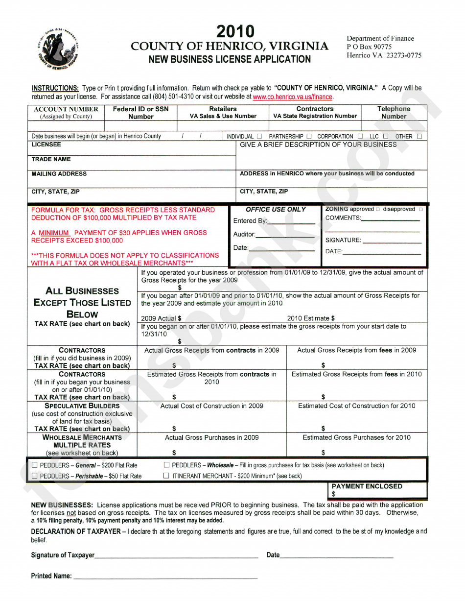 New Business License Application County Of Henrico, Virginia