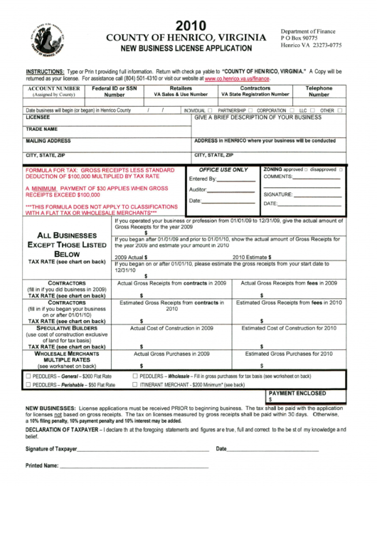New Business License Application - County Of Henrico, Virginia Department Of Finance - 2010 Printable pdf