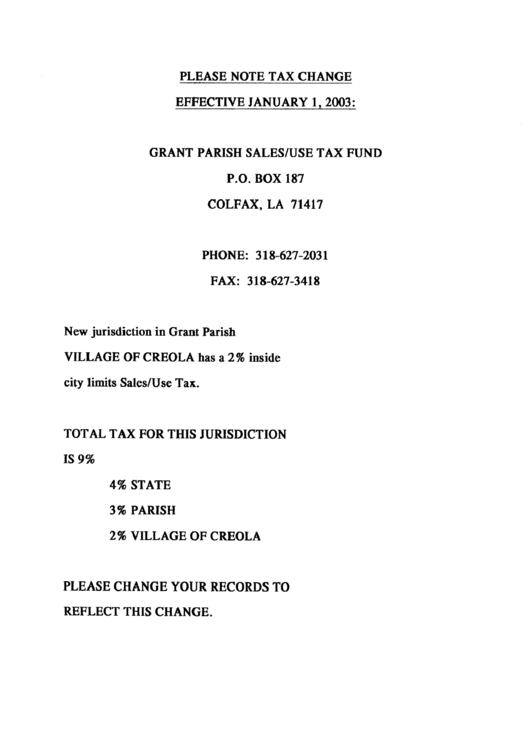 Instructions For Sales And Use Tax Report - Grant Parish, Louisiana Sales Tax Office Printable pdf