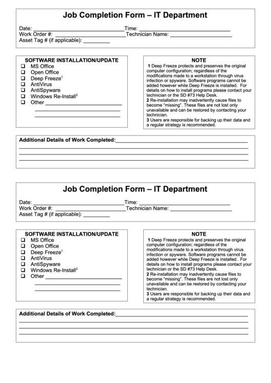 Fillable Job Completion Form - It Department Printable pdf