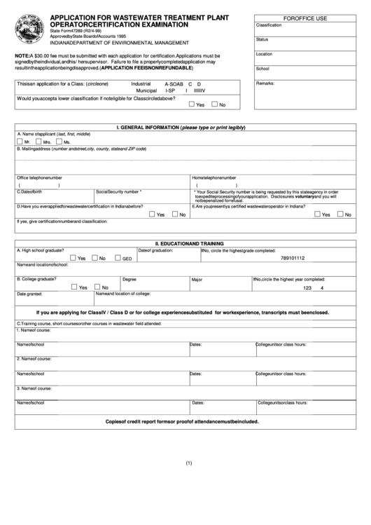 Fillable Form 47289 - Application For Wastewater Treatment Plant Operator Certification Examination - Indiana Printable pdf